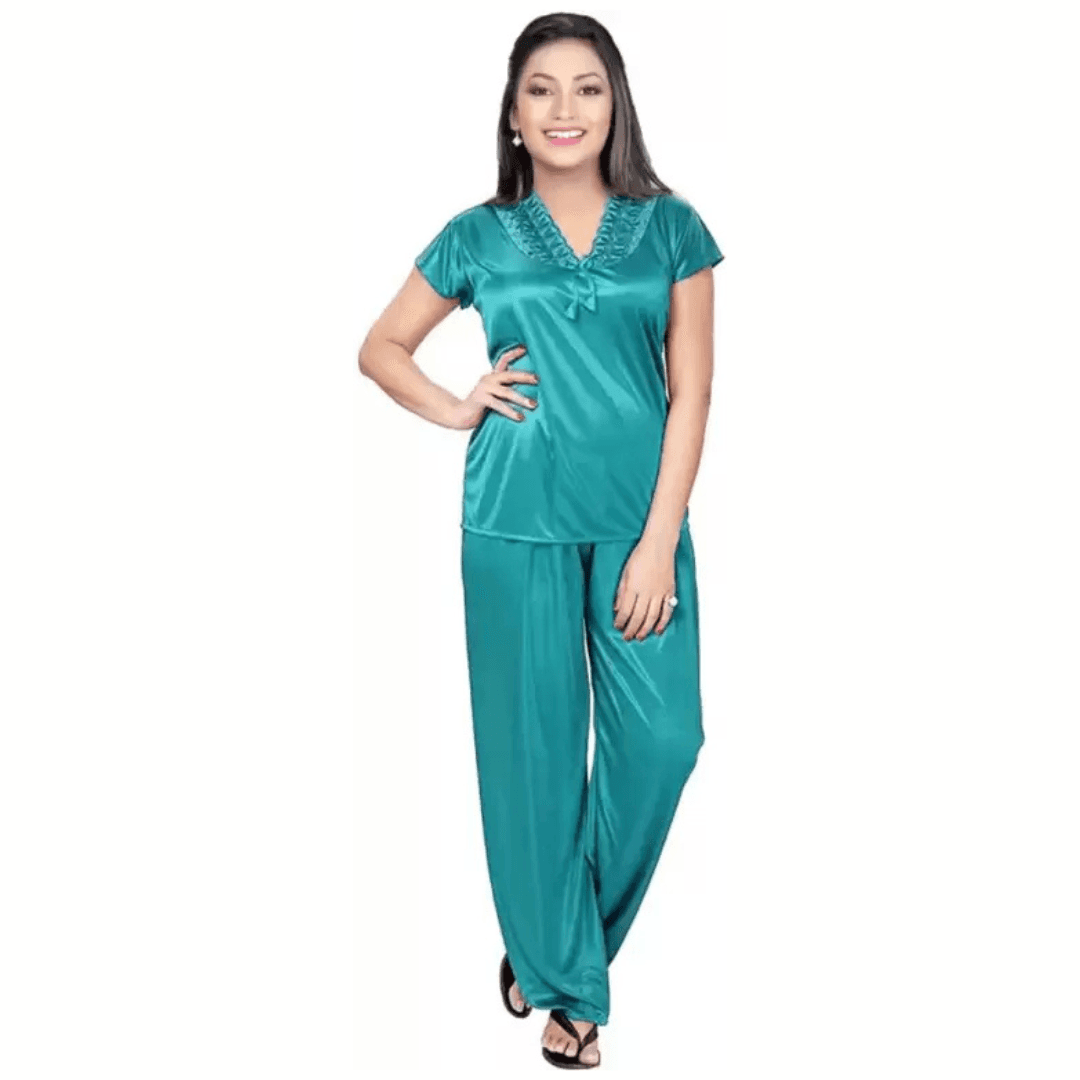 Silk Bridal Nightgown Set Stylish Fancy Bridal Nighty Set For Women Free Size Green Color (3 set) 2