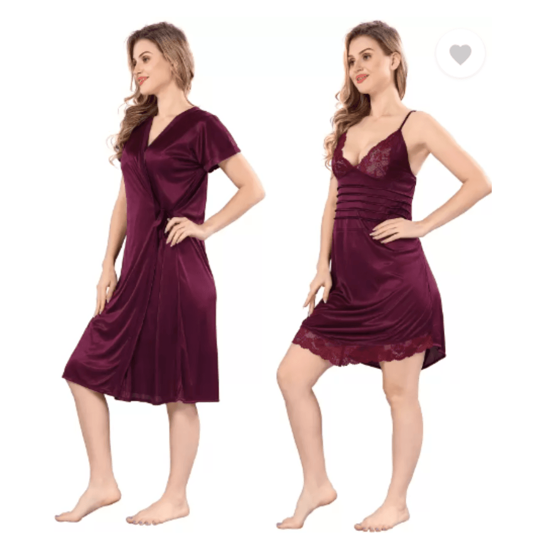 Silk Bridal Nightgown Set Stylish Fancy Bridal Nighty Set For Women Free Size Blush Purple Color 2
