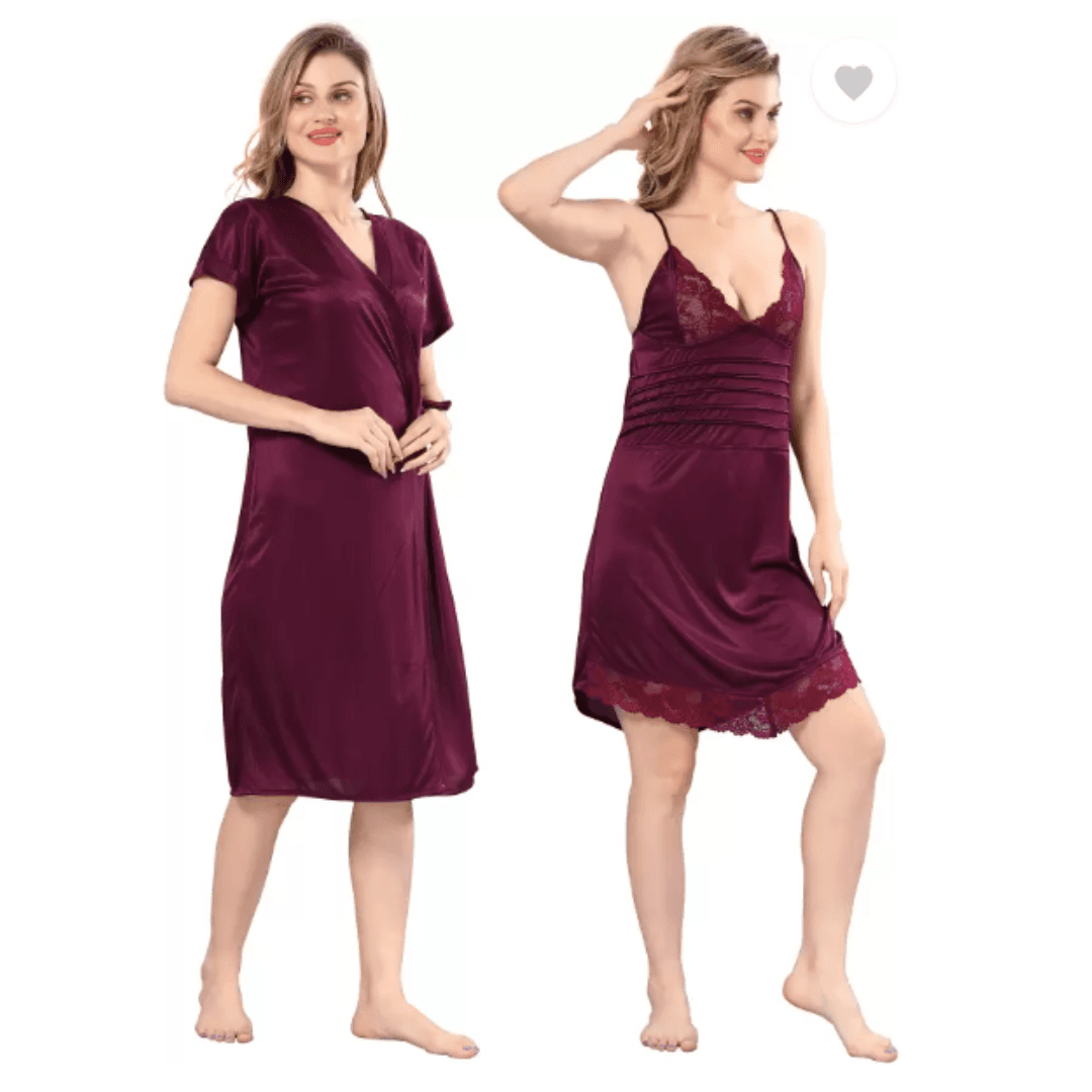 Silk Bridal Nightgown Set Stylish Fancy Bridal Nighty Set For Women Free Size Blush Purple Color 3