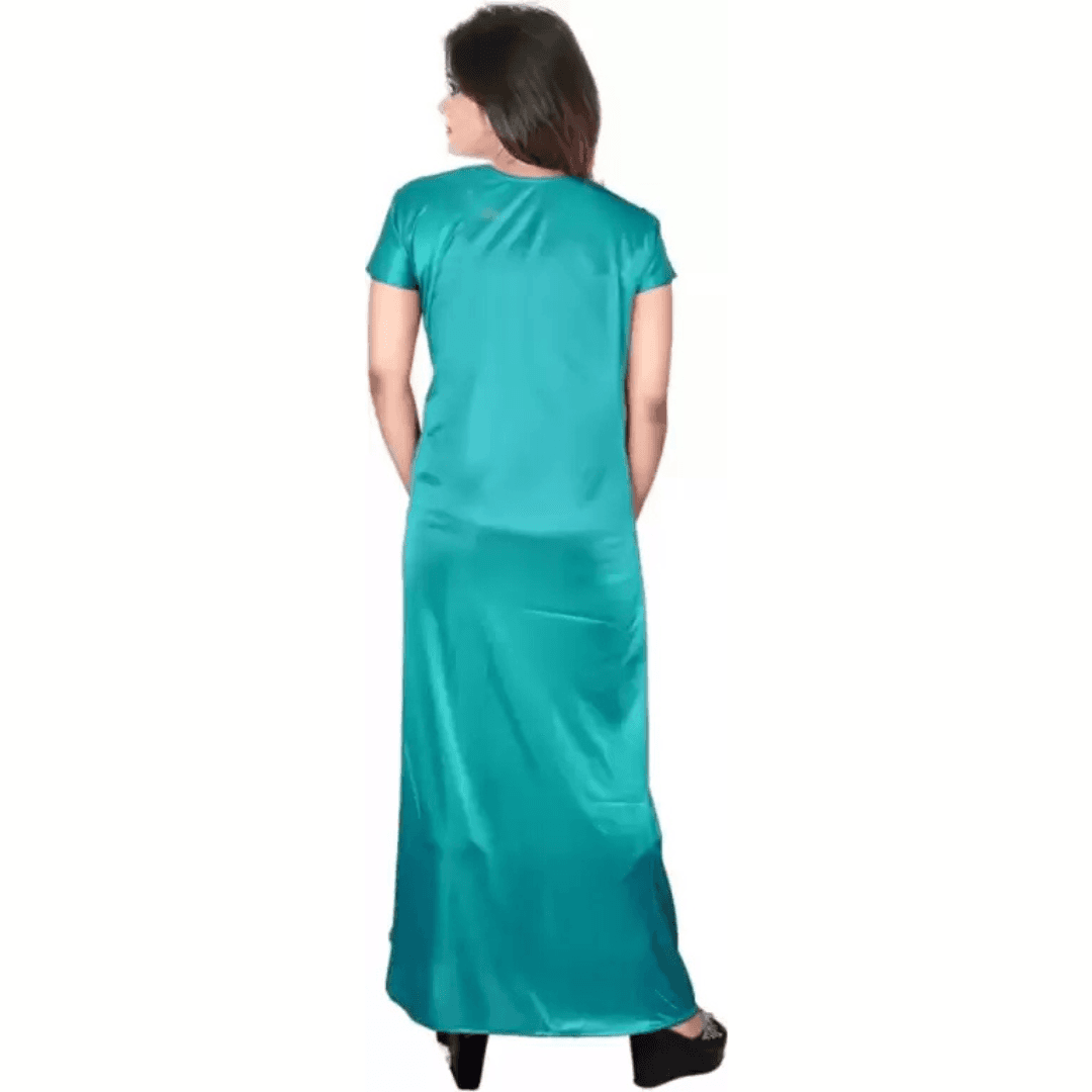 Silk Bridal Nightgown Set Stylish Fancy Bridal Nighty Set For Women Free Size Green Color (3 set) 3