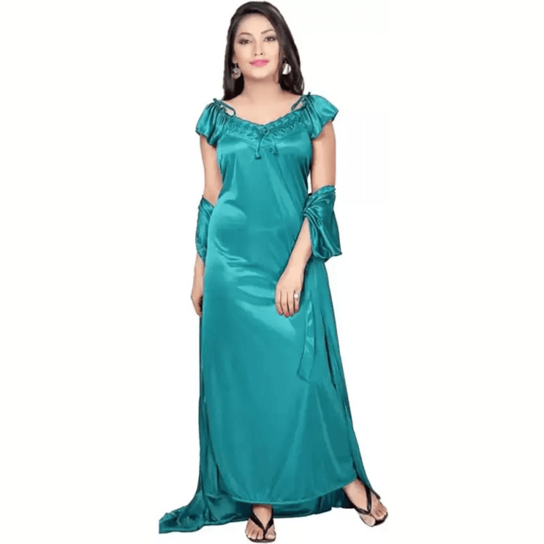 Silk Bridal Nightgown Set Stylish Fancy Bridal Nighty Set For Women Free Size Green Color (3 set) 1