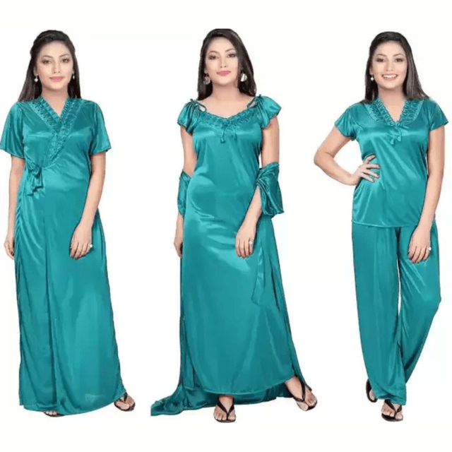Silk Bridal Nightgown Set Stylish Fancy Bridal Nighty Set For Women Free Size Green Color (3 set)