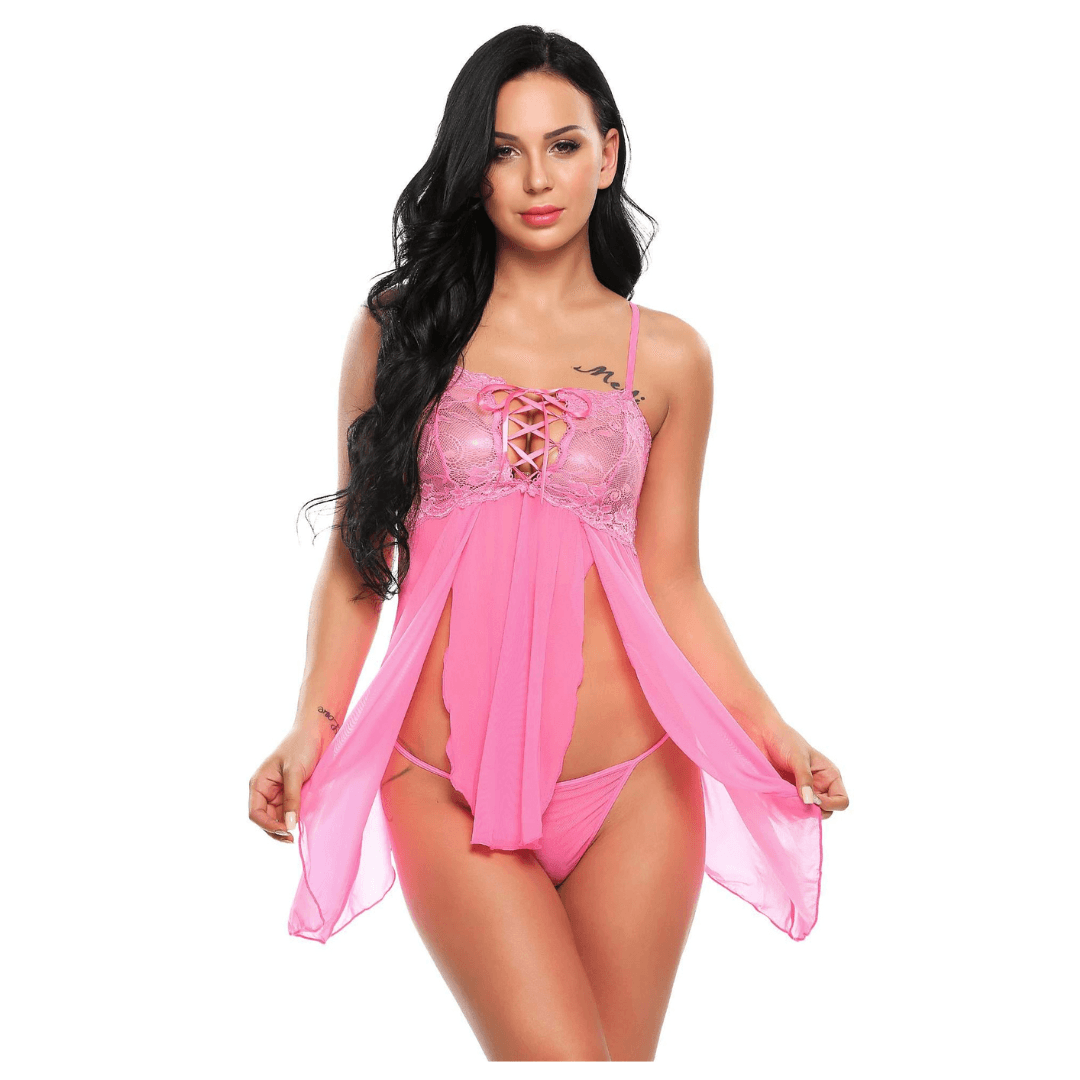 Babydoll Lingerie Above Knee Women Lace Net Floral Nightwear With G String Panty Free Size Pink Color