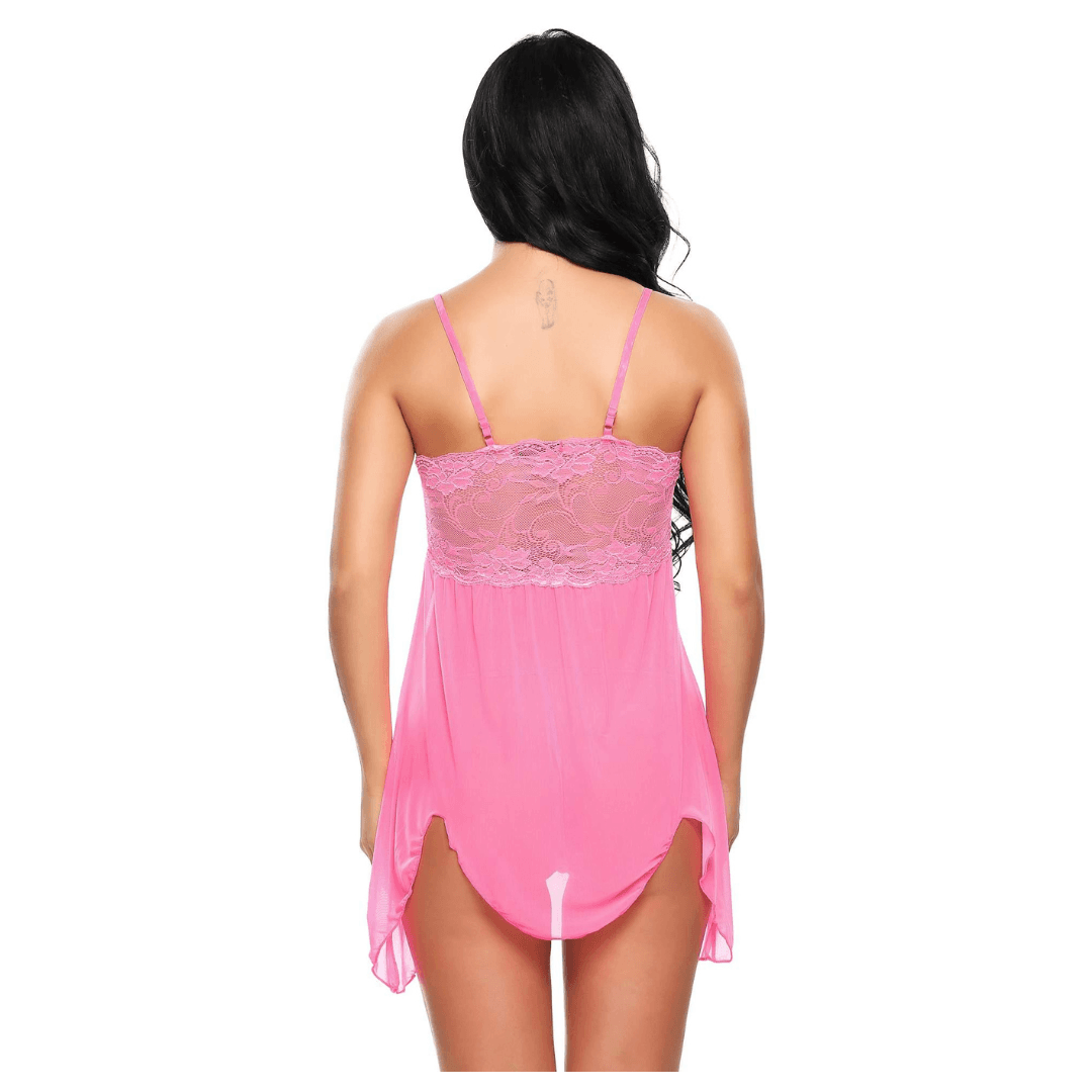 Babydoll Lingerie Above Knee Women Lace Net Floral Nightwear With G String Panty Free Size Pink Color 1