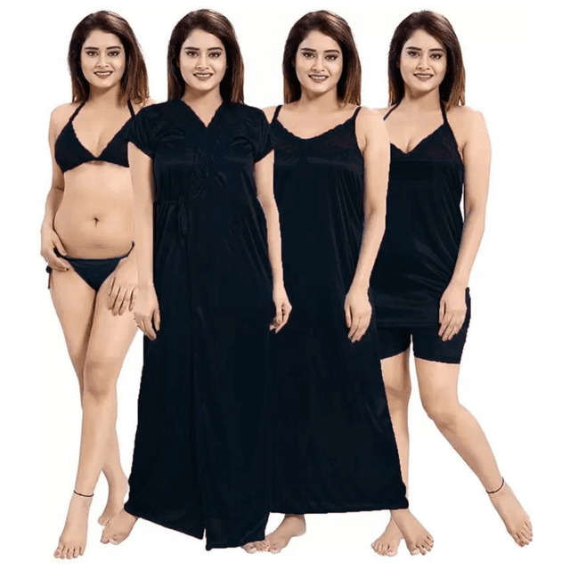 Silk Bridal Nightgown Set Stylish Fancy Bridal Nighty Set For Women Free Size Black Color