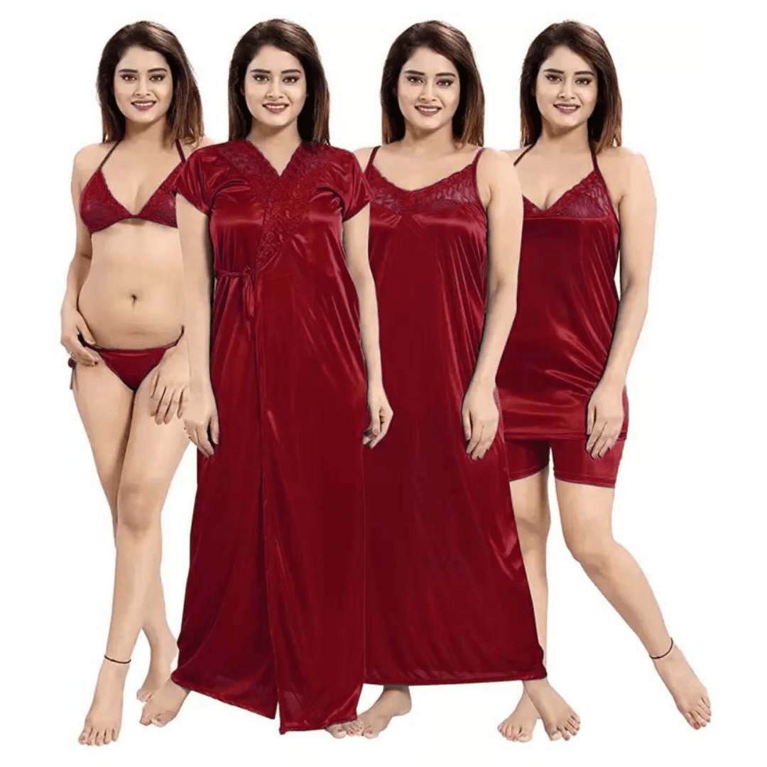 Silk Bridal Nightgown Set Stylish Fancy Bridal Nighty Set For Women Free Size Maroon Color(4set)