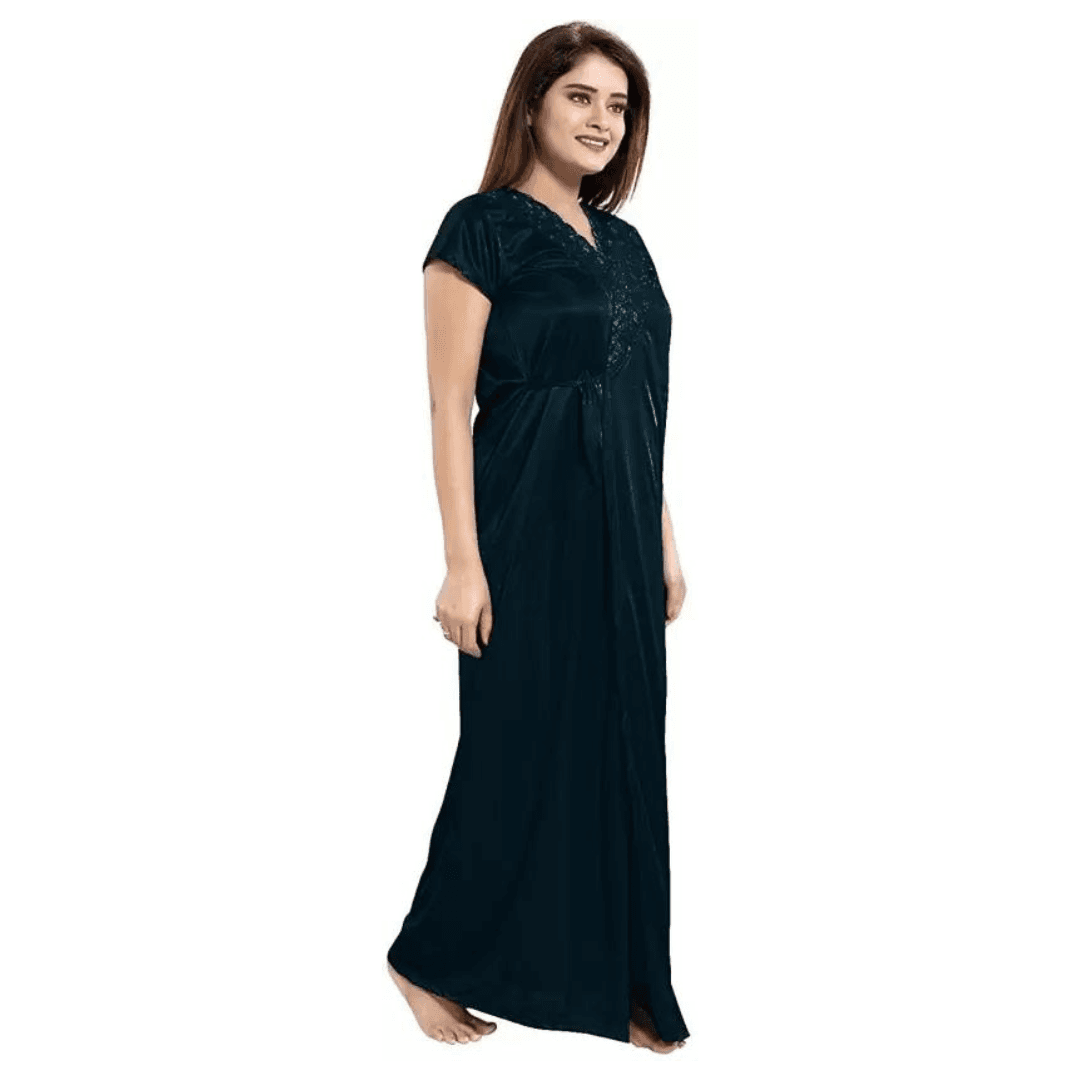 Silk Bridal Nightgown Set Stylish Fancy Bridal Nighty Set For Women Free Size Black Color(4set) 1