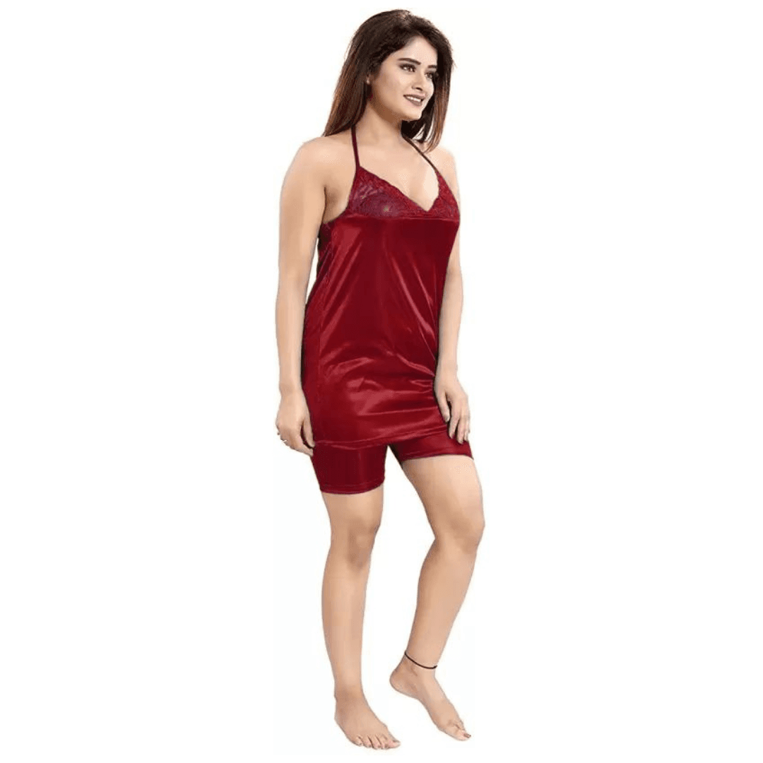 Silk Bridal Nightgown Set Stylish Fancy Bridal Nighty Set For Women Free Size Maroon Color(4set) 4