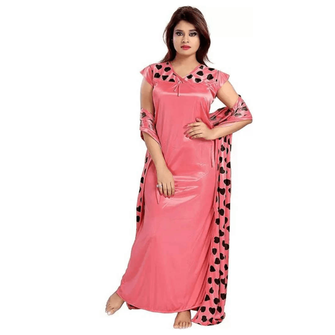 Silk Bridal Nightgown Set Stylish Fancy Bridal Nighty Set For Women Free Size Pink Color 1