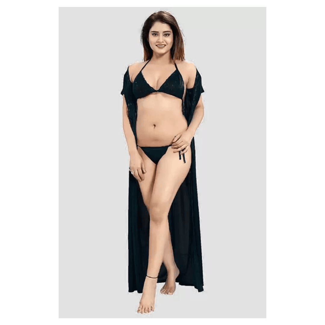 Silk Bridal Nightgown Set Stylish Fancy Bridal Nighty Set For Women Free Size Black Color(4set) 4
