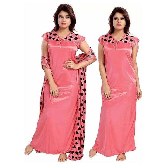 Silk Bridal Nightgown Set Stylish Fancy Bridal Nighty Set For Women Free Size Pink Color