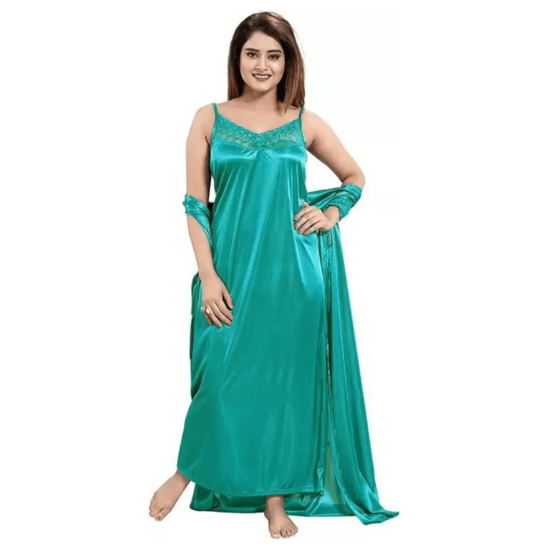 Silk Bridal Nightgown Set Stylish Fancy Bridal Nighty Set For Women Free Size Light Green Color 1