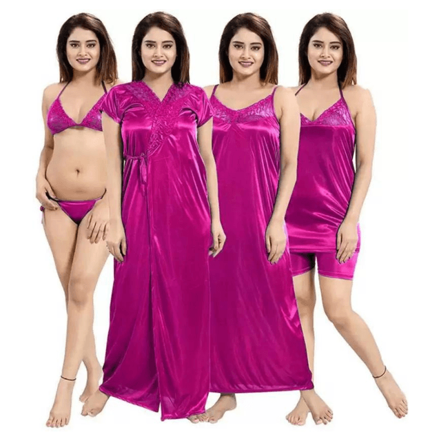 Silk Bridal Nightgown Set Stylish Fancy Bridal Nighty Set For Women Free Size Magenta Color (4 set)