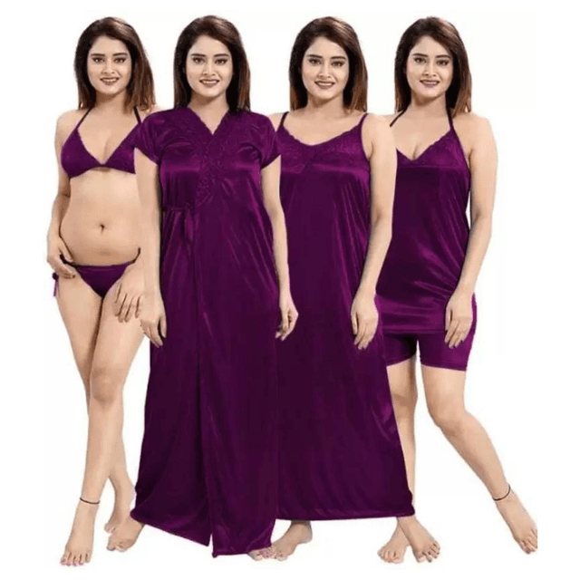 Silk Bridal Nightgown Set Stylish Fancy Bridal Nighty Set For Women Free Size Purple Color(4set)