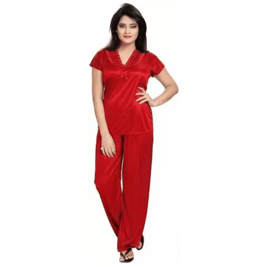 Silk Bridal Nightgown Set Stylish Fancy Bridal Nighty Set For Women Free Size Red Color(3set) 2