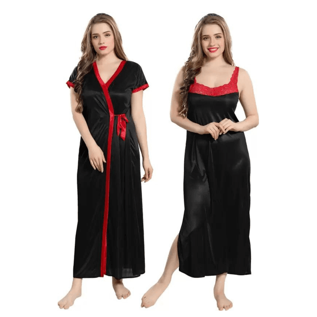 Silk Bridal Nightgown Set Stylish Fancy Bridal Nighty Set For Women Free Size Black Color