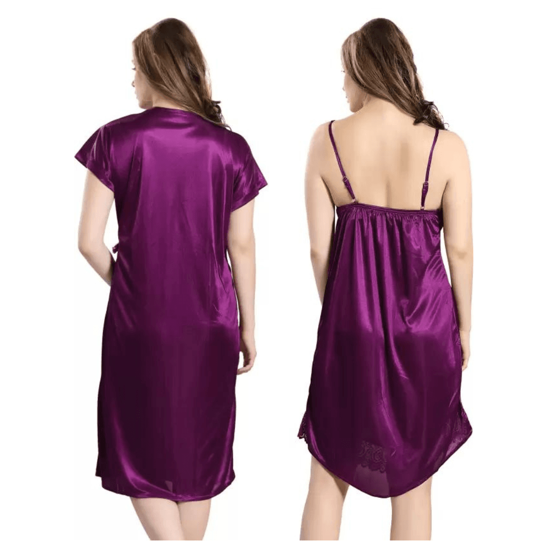Silk Bridal Nightgown Set Stylish Fancy Bridal Nighty Set For Women Free Size Purple Color 1