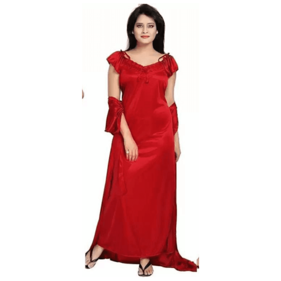 Silk Bridal Nightgown Set Stylish Fancy Bridal Nighty Set For Women Free Size Red Color(3set) 3