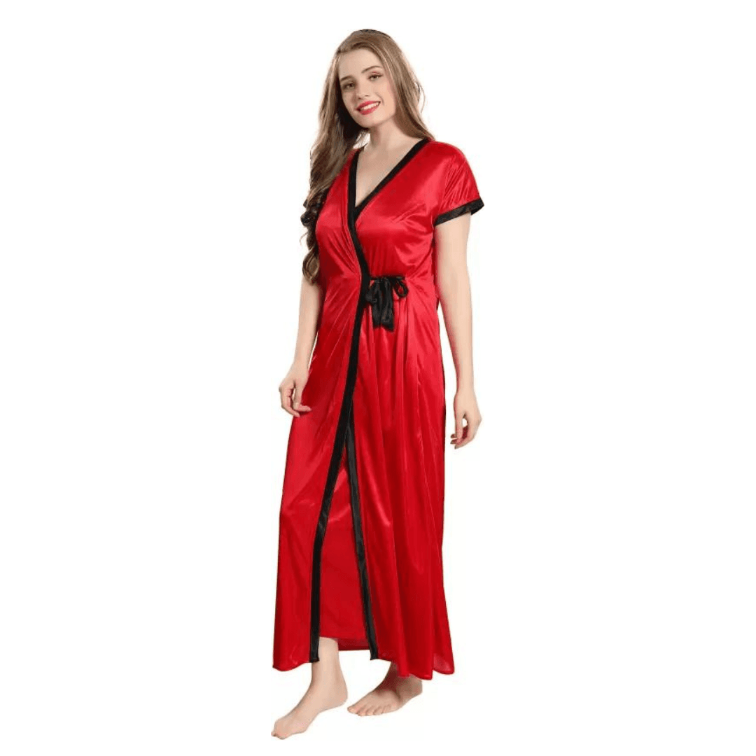 Silk Bridal Nightgown Set Stylish Fancy Bridal Nighty Set For Women Free Size Red Color 2