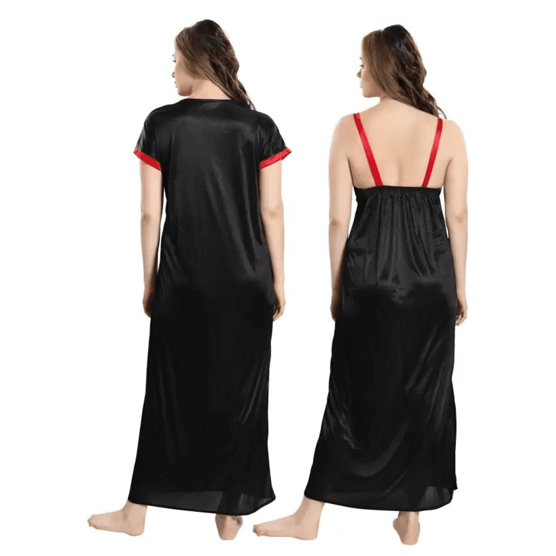 Silk Bridal Nightgown Set Stylish Fancy Bridal Nighty Set For Women Free Size Black Color 1