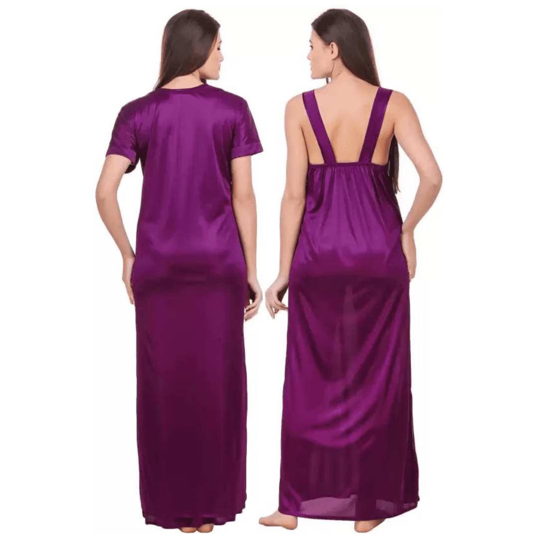 Silk Bridal Nightgown Set Stylish Fancy Bridal Nighty Set For Women Free Size Purple Color 1
