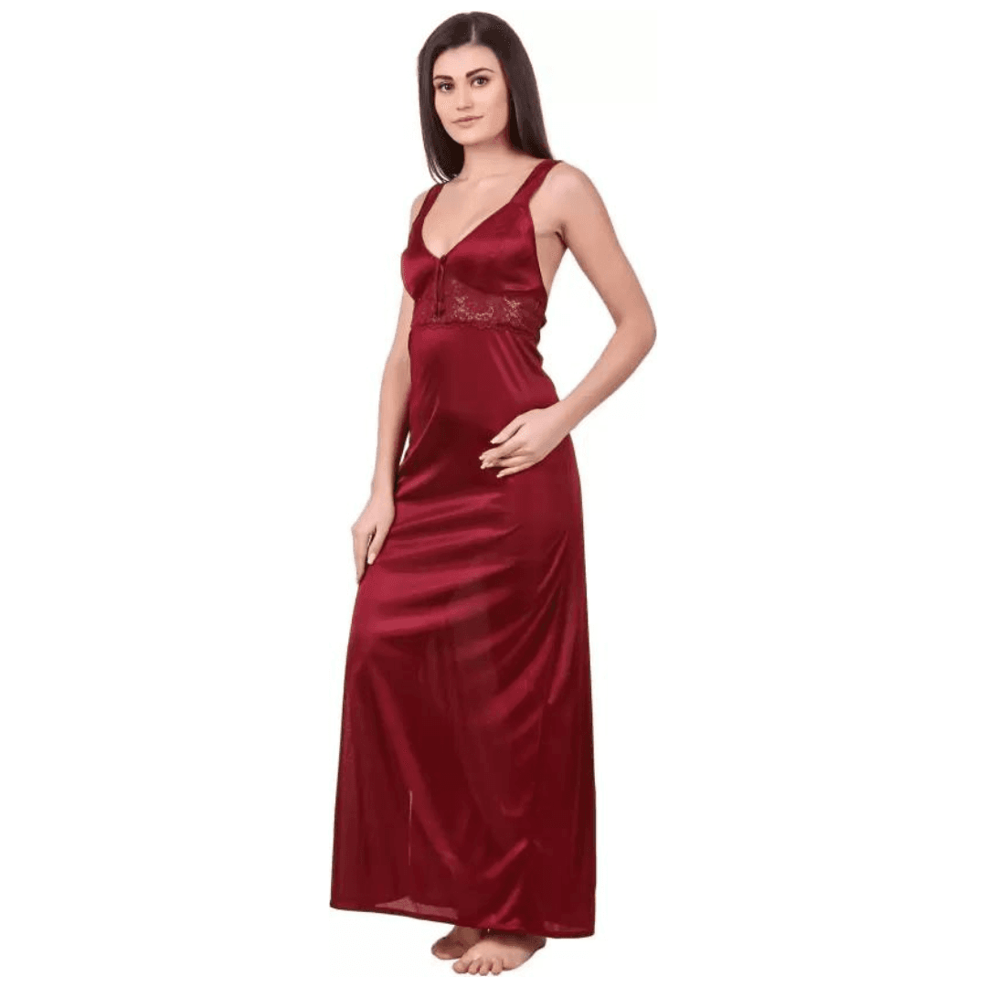 Silk Bridal Nightgown Set Stylish Fancy Bridal Nighty Set For Women Free Size Maroon Color 3