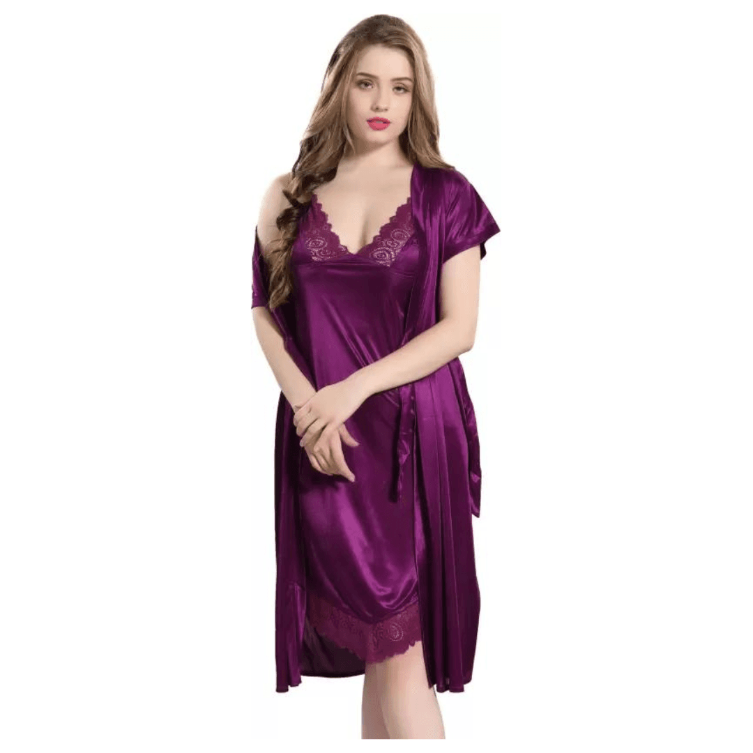 Silk Bridal Nightgown Set Stylish Fancy Bridal Nighty Set For Women Free Size Purple Color 3