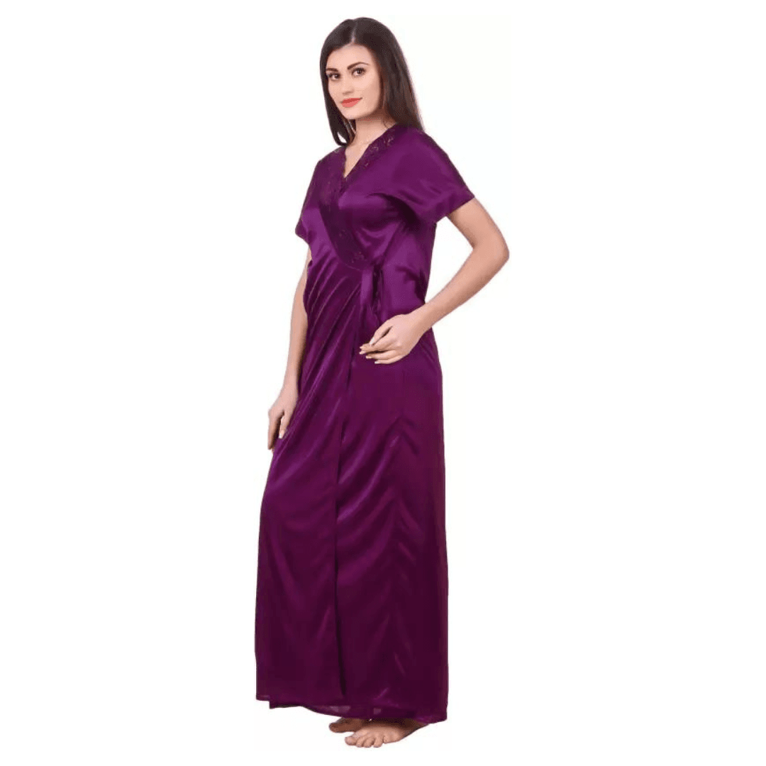 Silk Bridal Nightgown Set Stylish Fancy Bridal Nighty Set For Women Free Size Purple Color 2