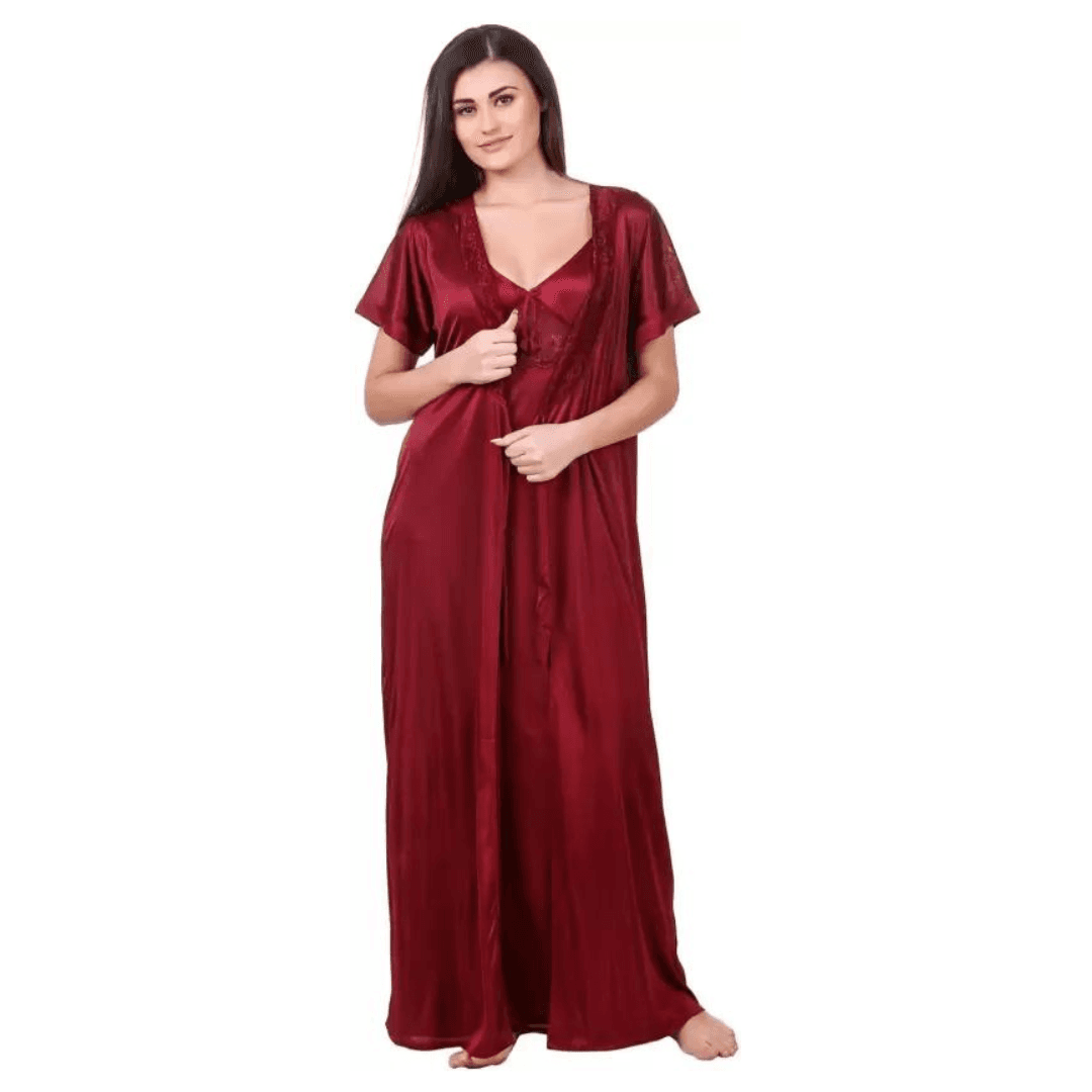Silk Bridal Nightgown Set Stylish Fancy Bridal Nighty Set For Women Free Size Maroon Color 2