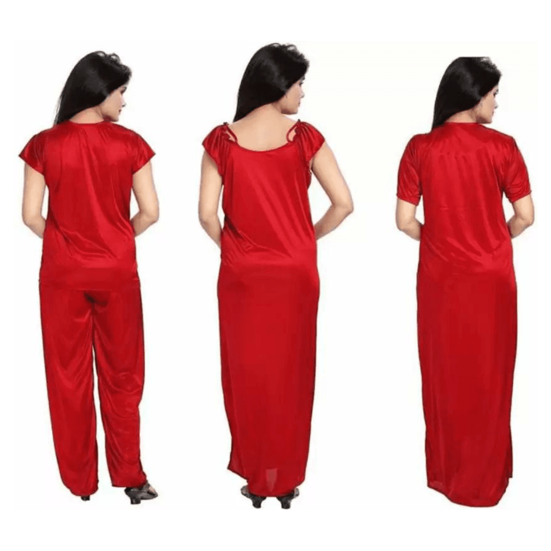Silk Bridal Nightgown Set Stylish Fancy Bridal Nighty Set For Women Free Size Red Color(3set) 1