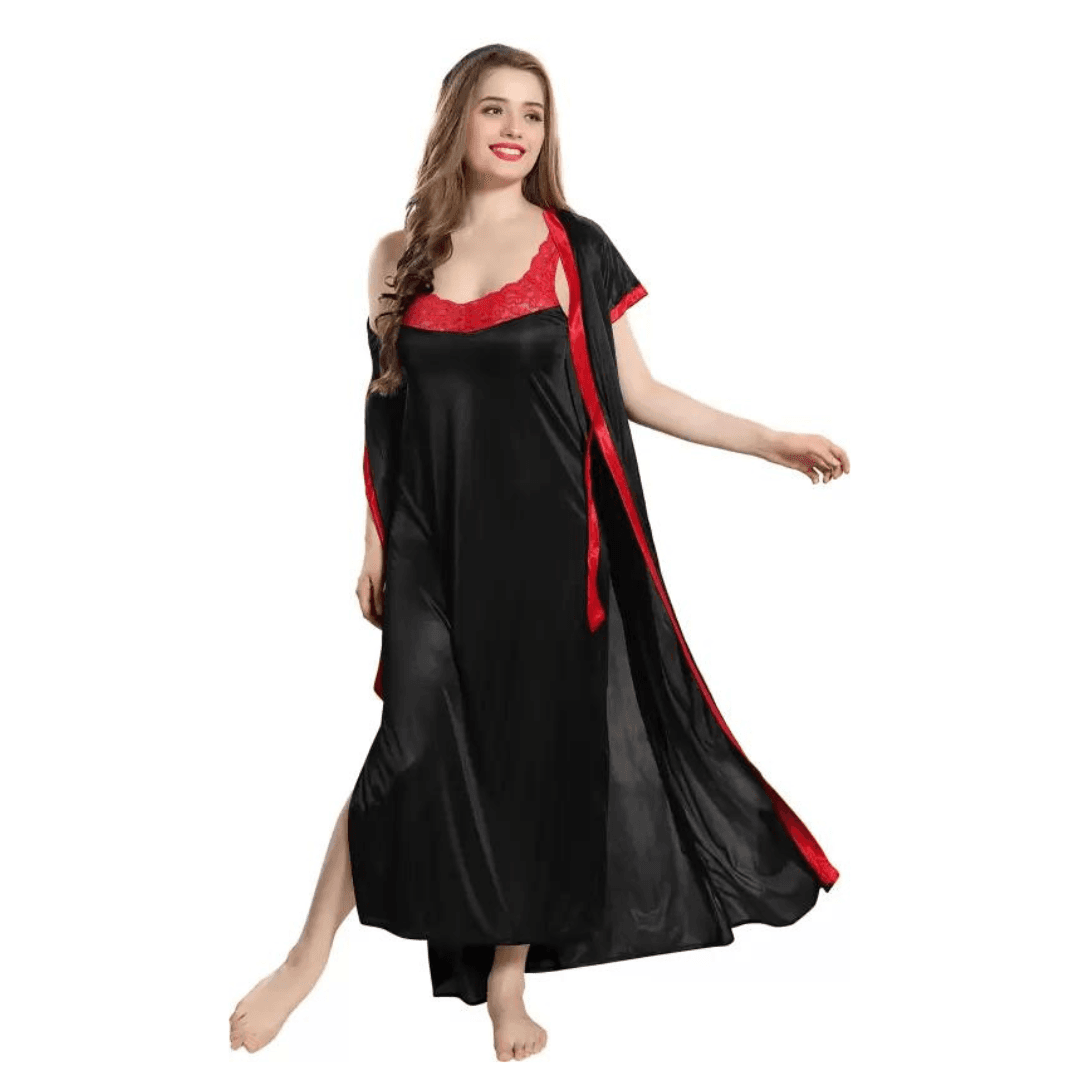 Silk Bridal Nightgown Set Stylish Fancy Bridal Nighty Set For Women Free Size Black Color 3