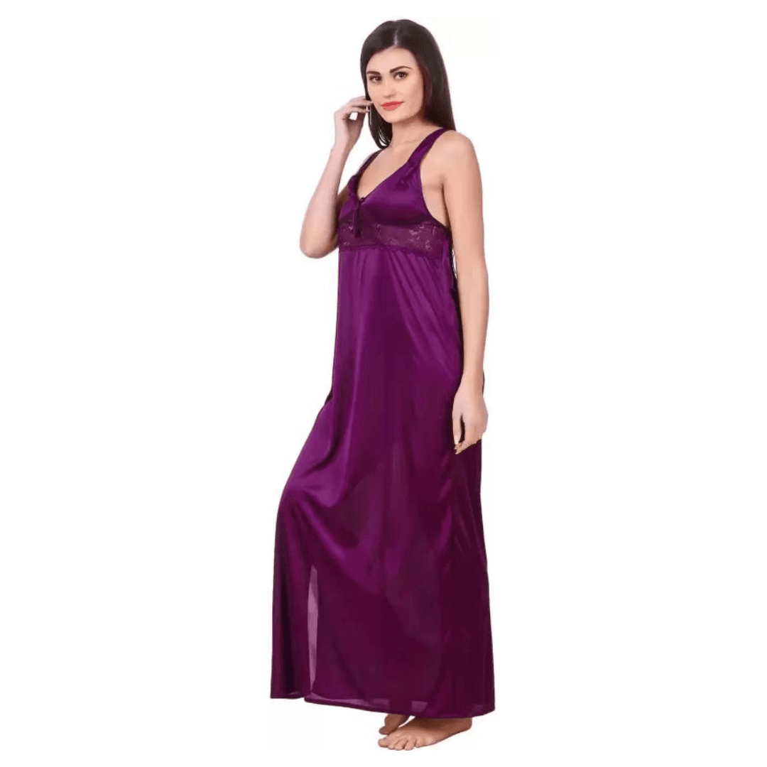 Silk Bridal Nightgown Set Stylish Fancy Bridal Nighty Set For Women Free Size Purple Color 3
