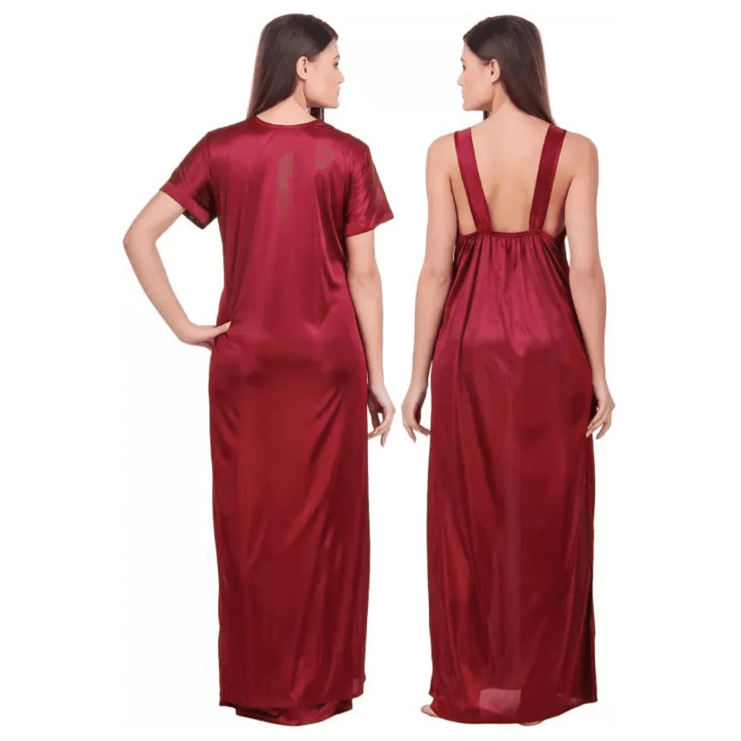 Silk Bridal Nightgown Set Stylish Fancy Bridal Nighty Set For Women Free Size Maroon Color 1