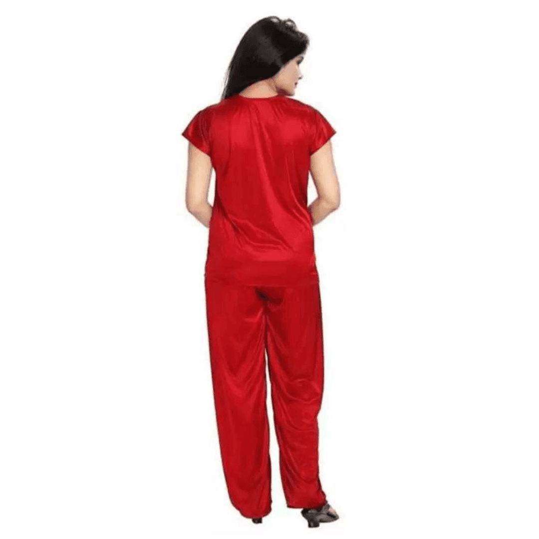 Silk Bridal Nightgown Set Stylish Fancy Bridal Nighty Set For Women Free Size Red Color(3set) 4