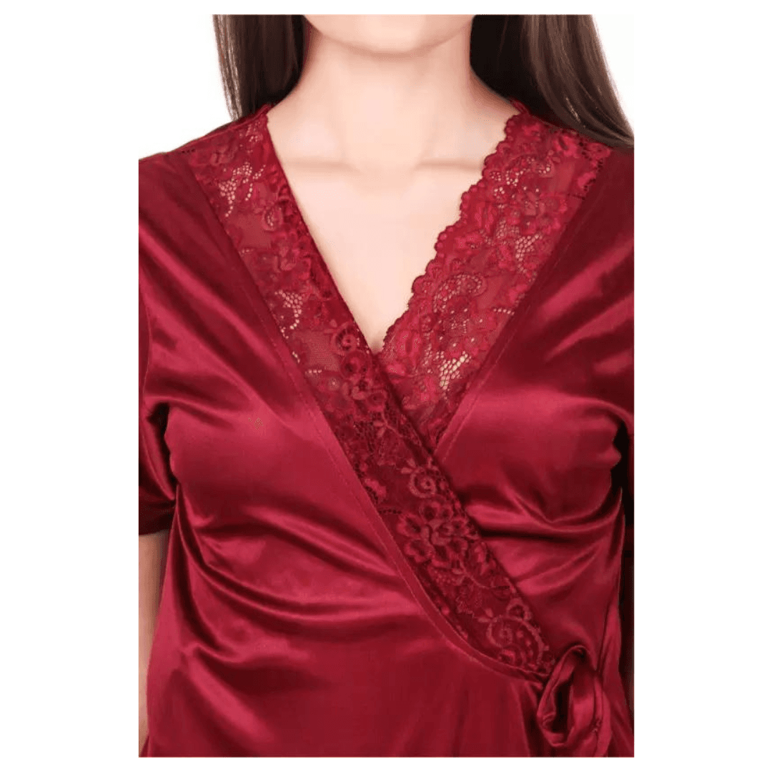 Silk Bridal Nightgown Set Stylish Fancy Bridal Nighty Set For Women Free Size Maroon Color 4