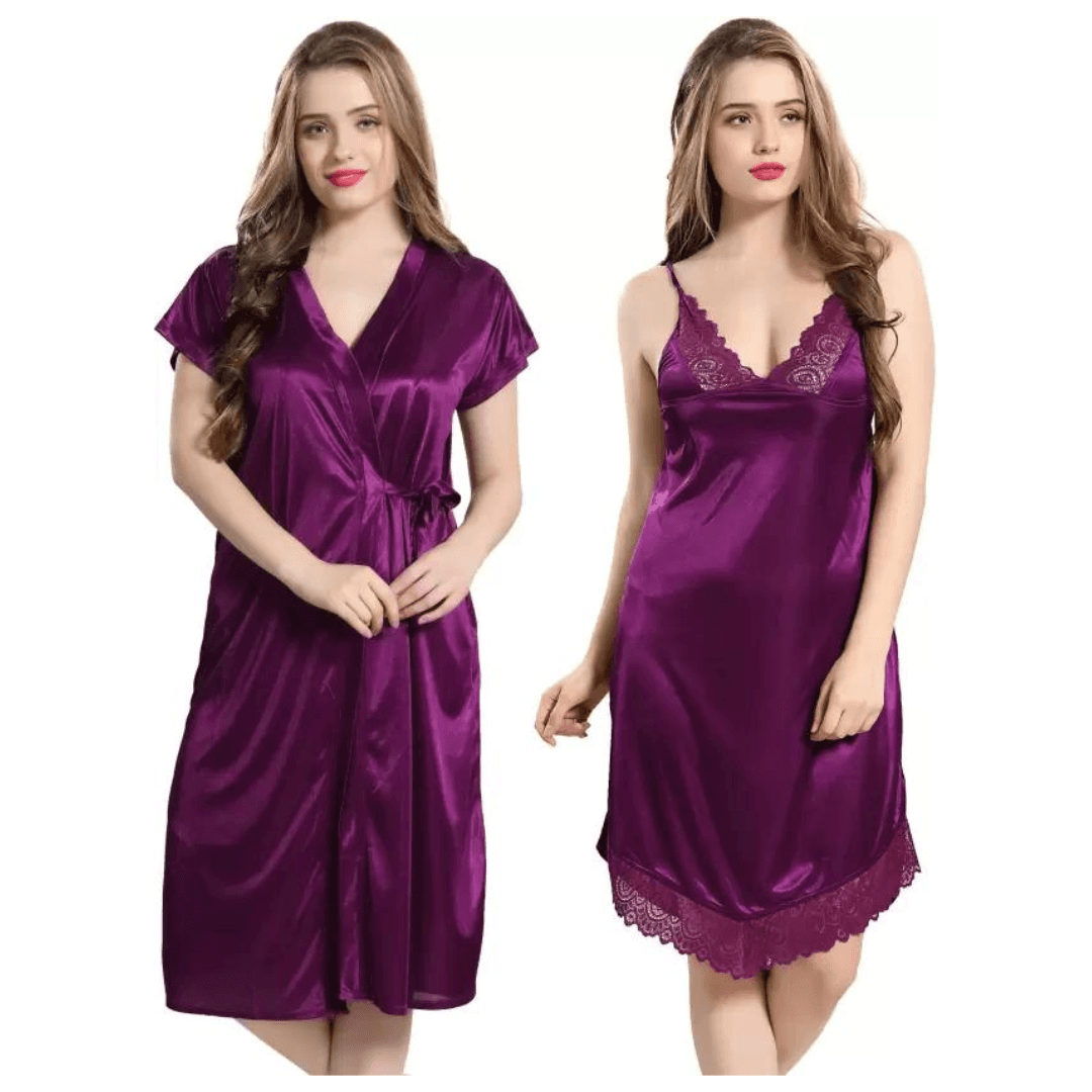 Silk Bridal Nightgown Set Stylish Fancy Bridal Nighty Set For Women Free Size Purple Color