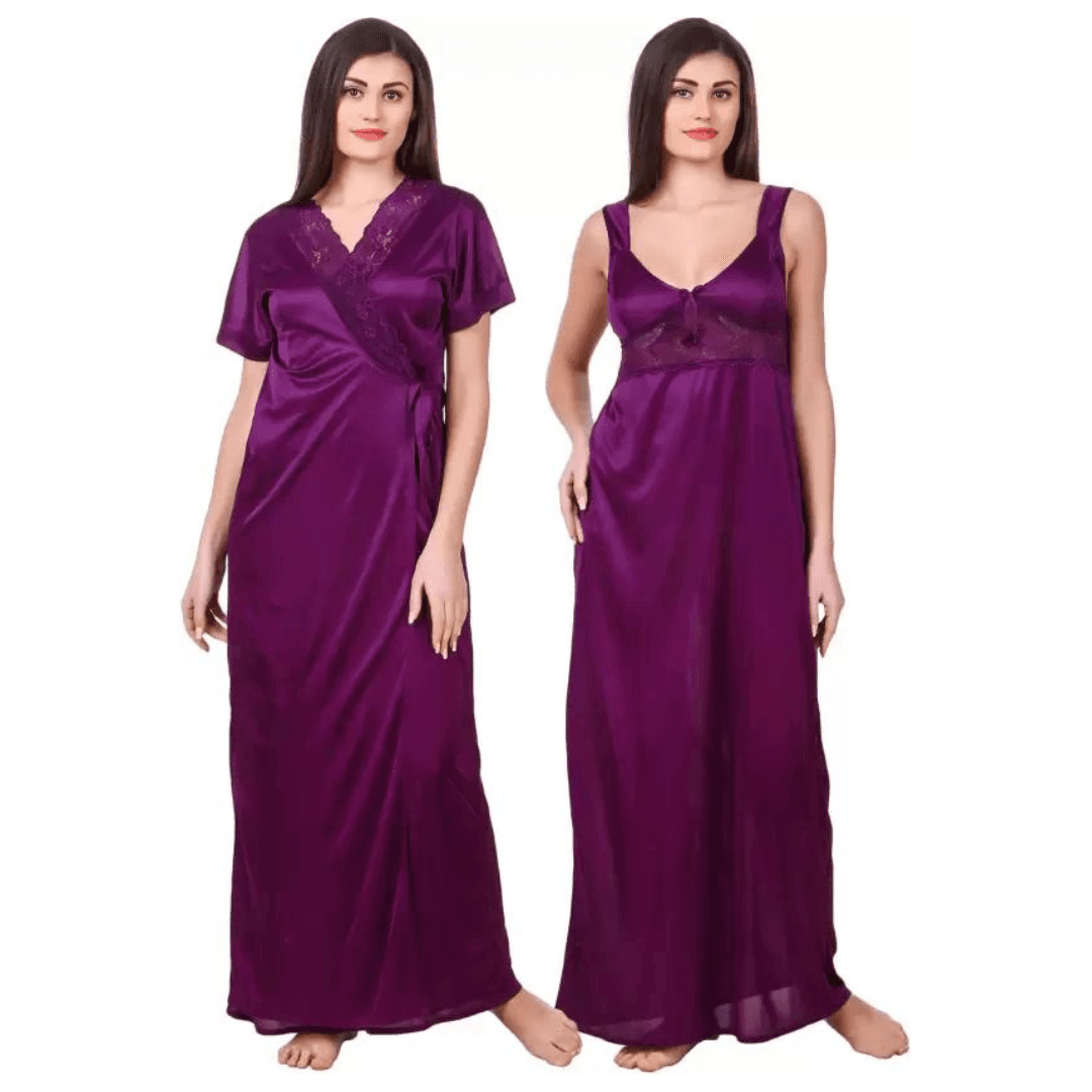 Silk Bridal Nightgown Set Stylish Fancy Bridal Nighty Set For Women Free Size Purple Color