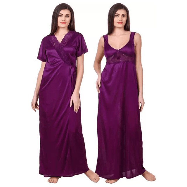 Silk Bridal Nightgown Set Stylish Fancy Bridal Nighty Set For Women Free Size Purple Color