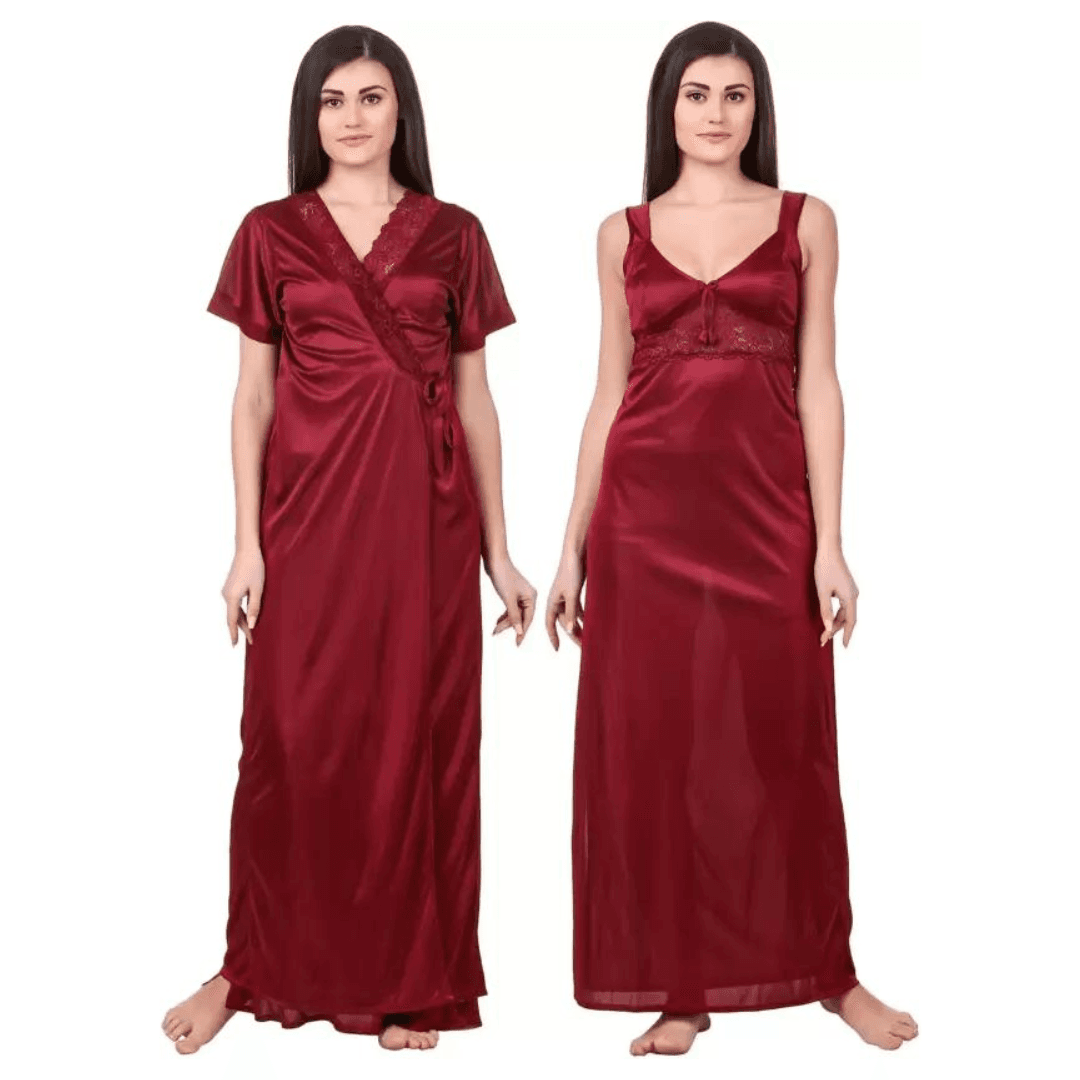 Silk Bridal Nightgown Set Stylish Fancy Bridal Nighty Set For Women Free Size Maroon Color