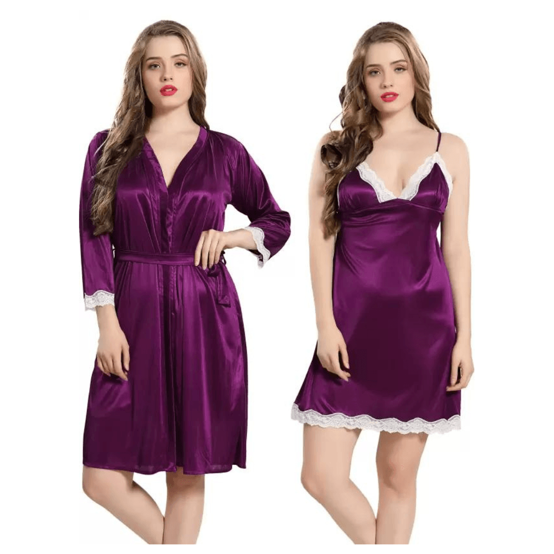 Silk Bridal Nightgown Set Stylish Fancy Bridal Nighty Set For Women Free Size Purple Color