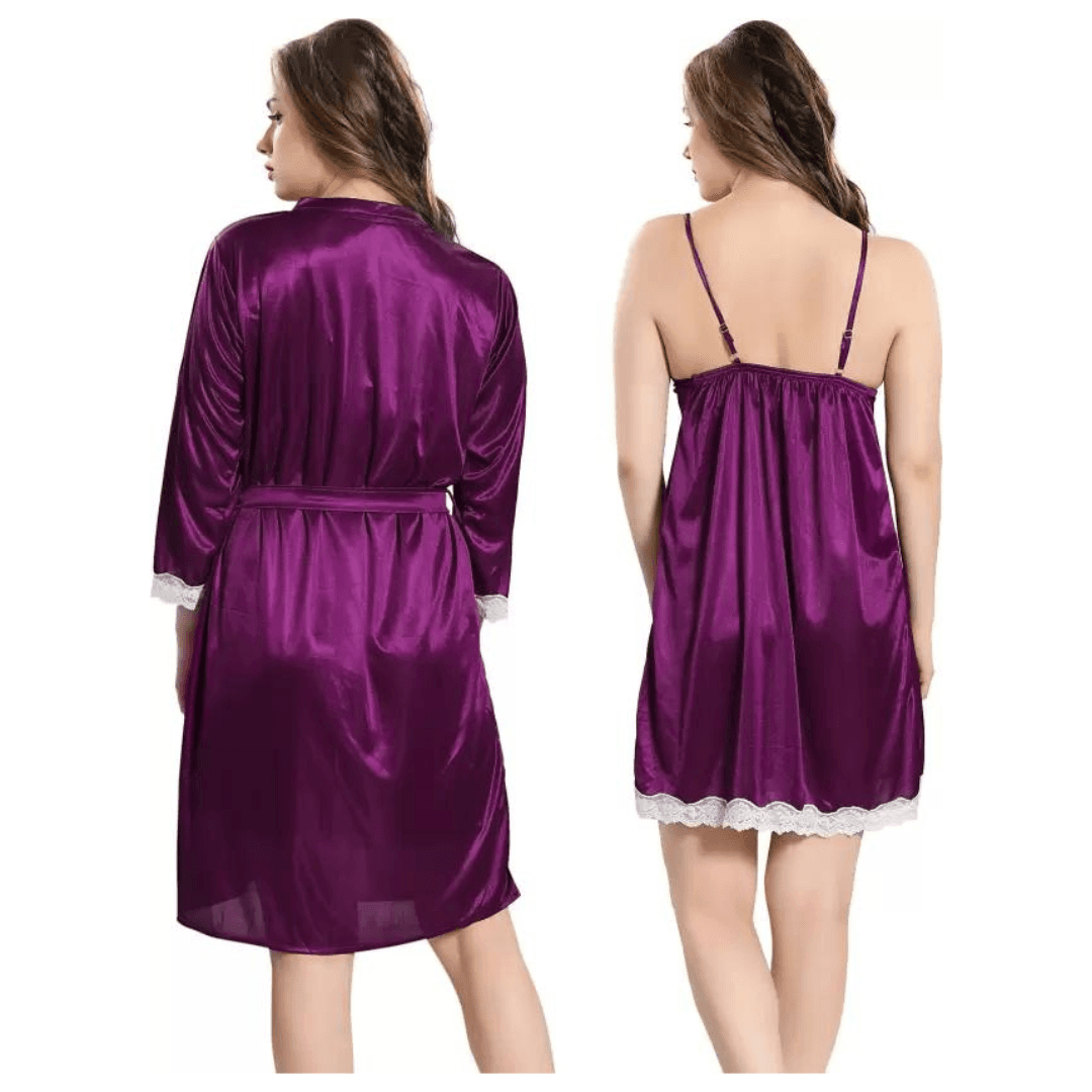 Silk Bridal Nightgown Set Stylish Fancy Bridal Nighty Set For Women Free Size Purple Color 1