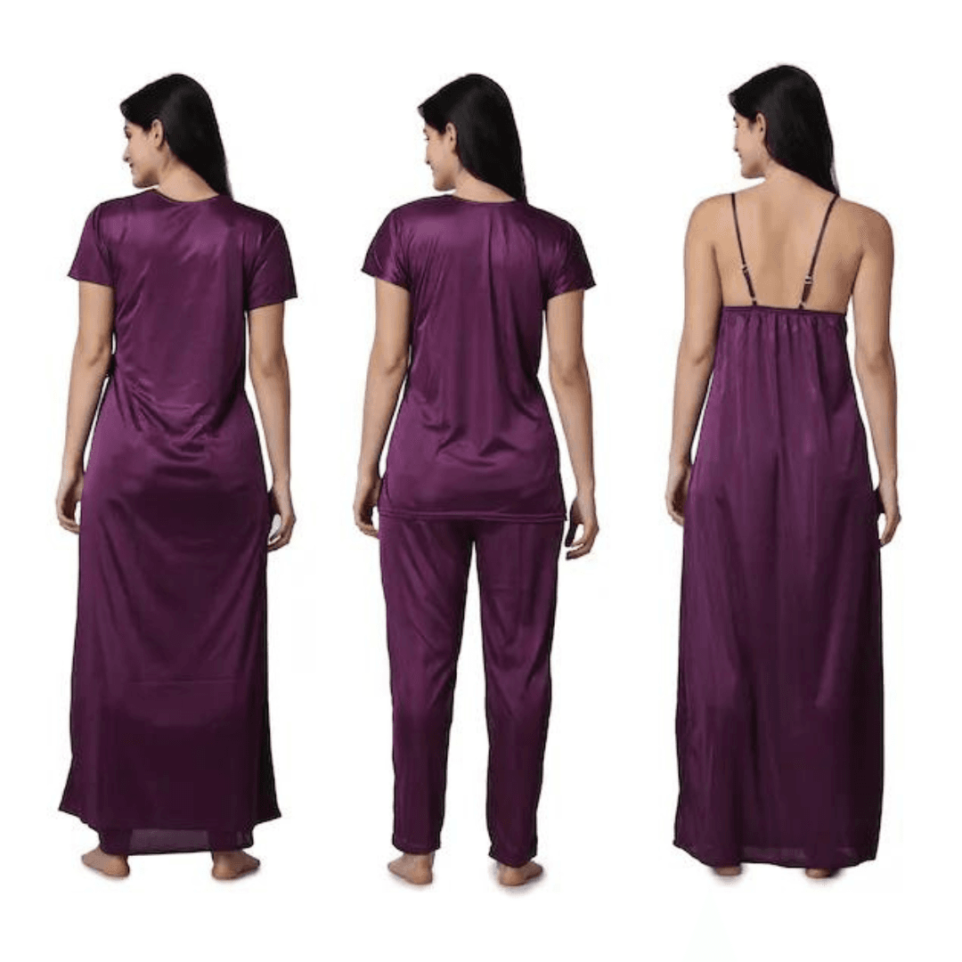 Silk Bridal Nightgown Set Stylish Fancy Bridal Nighty Set For Women Free Size Purple Color 1