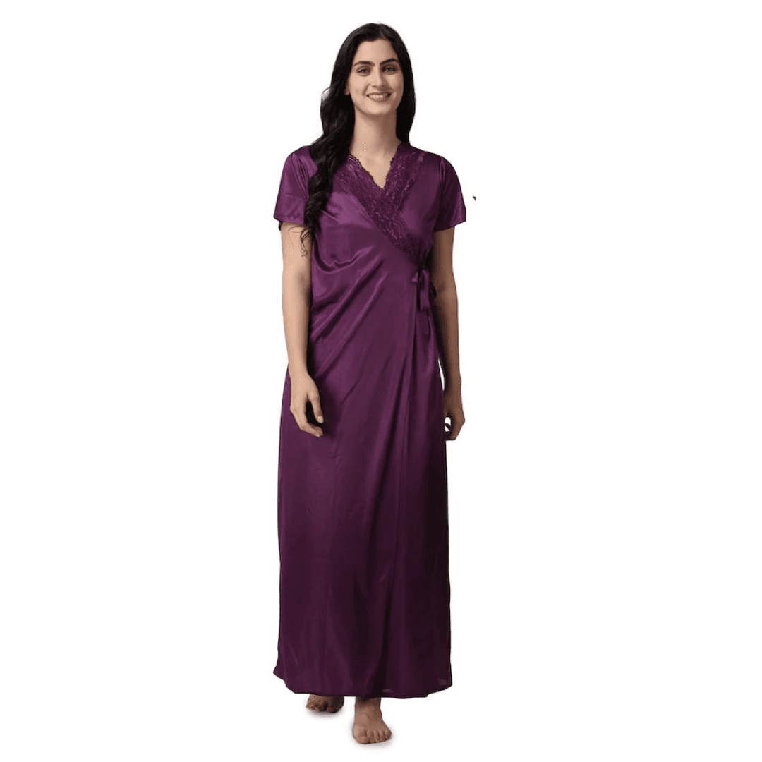 Silk Bridal Nightgown Set Stylish Fancy Bridal Nighty Set For Women Free Size Purple Color 7