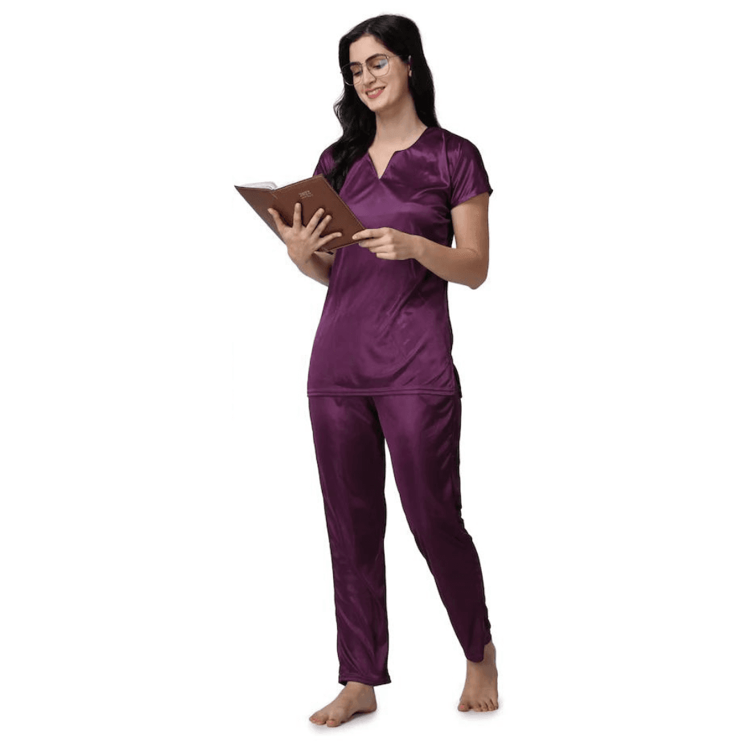 Silk Bridal Nightgown Set Stylish Fancy Bridal Nighty Set For Women Free Size Purple Color 5