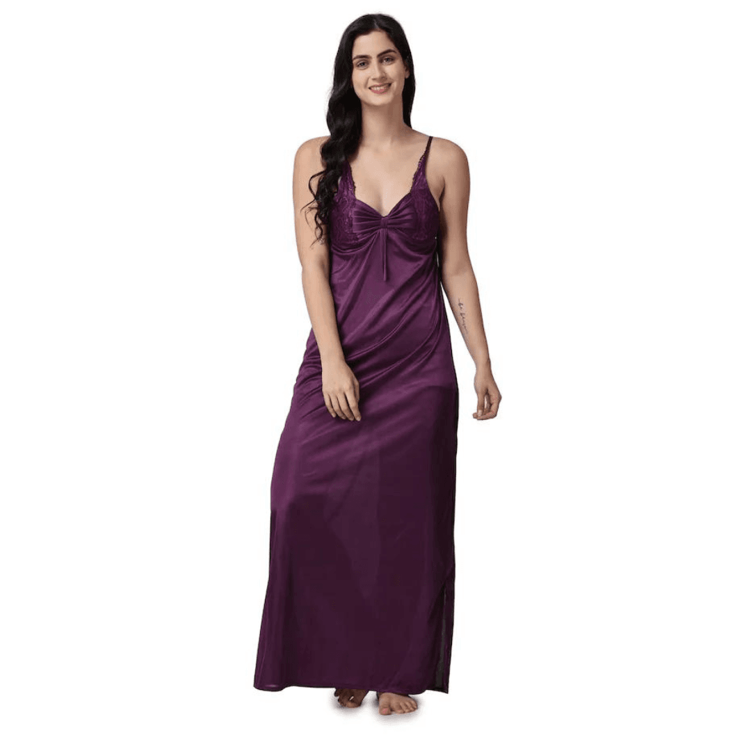 Silk Bridal Nightgown Set Stylish Fancy Bridal Nighty Set For Women Free Size Purple Color 6