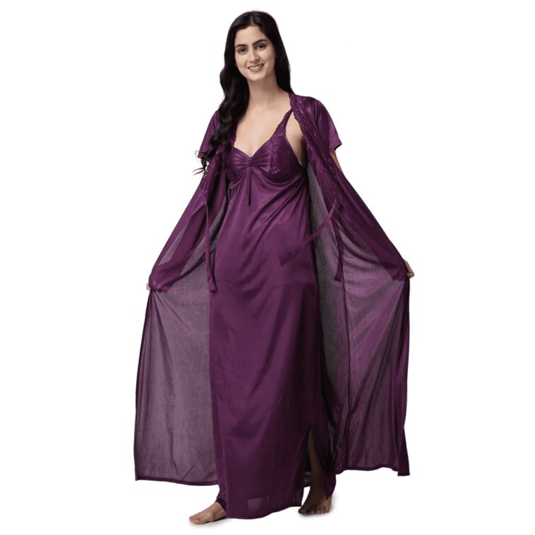 Silk Bridal Nightgown Set Stylish Fancy Bridal Nighty Set For Women Free Size Purple Color 2