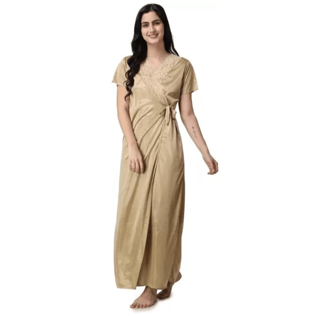 Silk Bridal Nightgown Set Stylish Fancy Bridal Nighty Set For Women Free Size Gold Color (3 set) 3