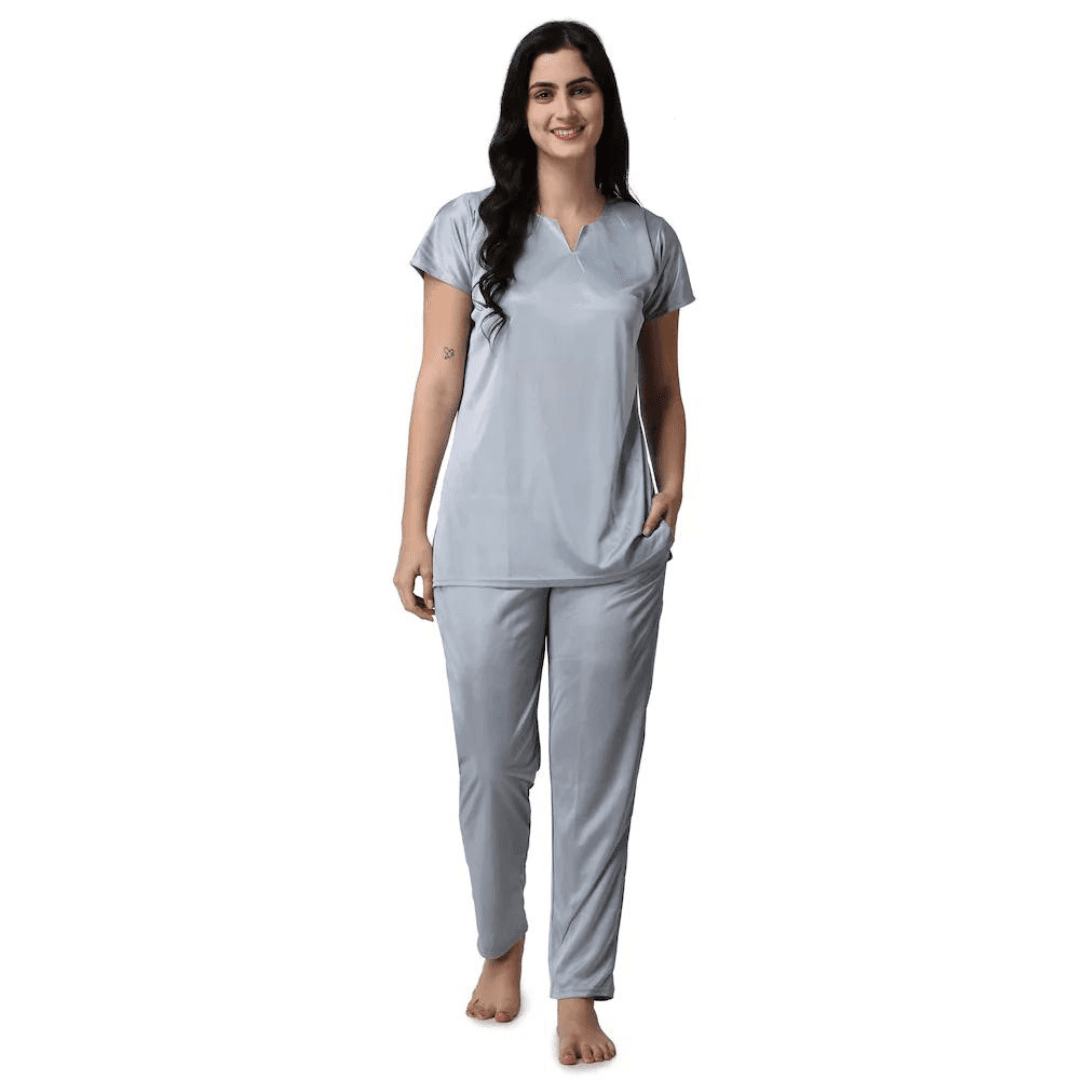 Silk Bridal Nightgown Set Stylish Fancy Bridal Nighty Set For Women Free Size Grey Color (3 set) 5
