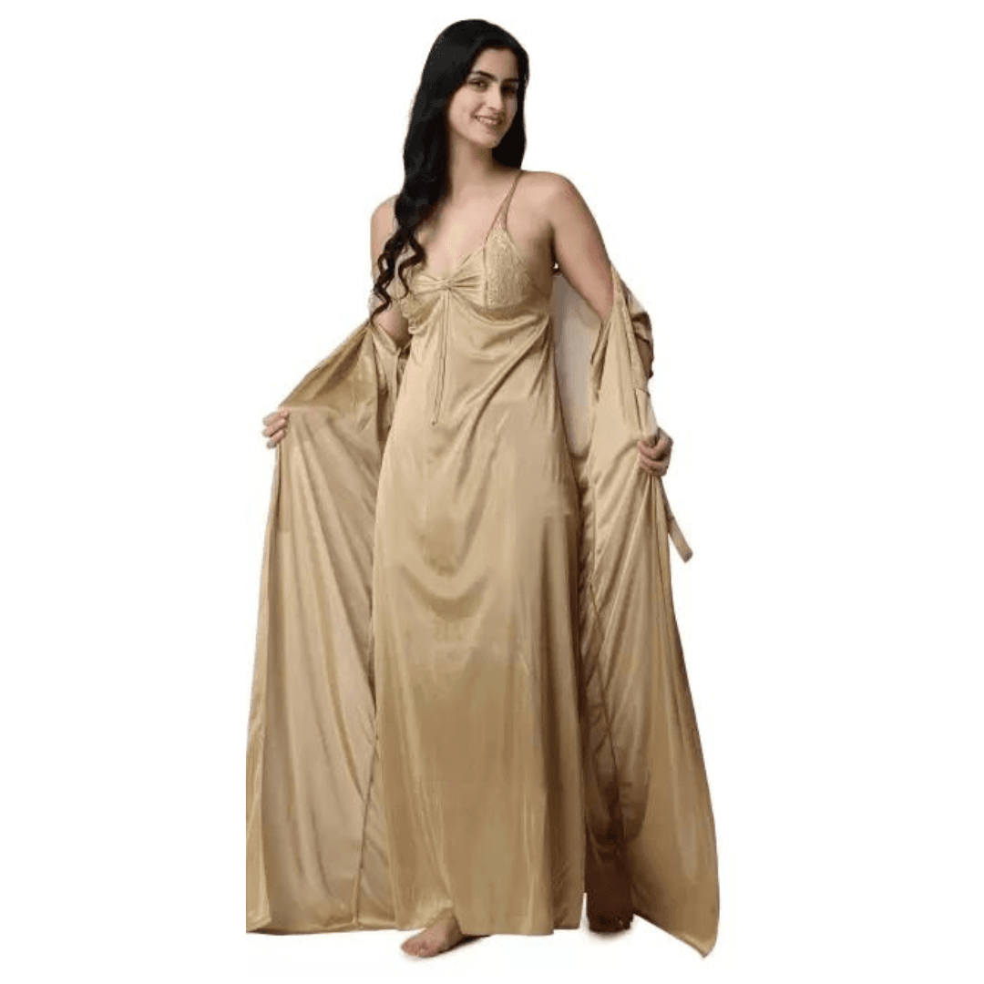 Silk Bridal Nightgown Set Stylish Fancy Bridal Nighty Set For Women Free Size Gold Color (3 set) 2