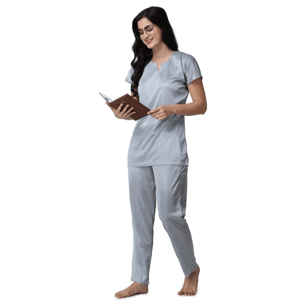 Silk Bridal Nightgown Set Stylish Fancy Bridal Nighty Set For Women Free Size Grey Color (3 set) 3